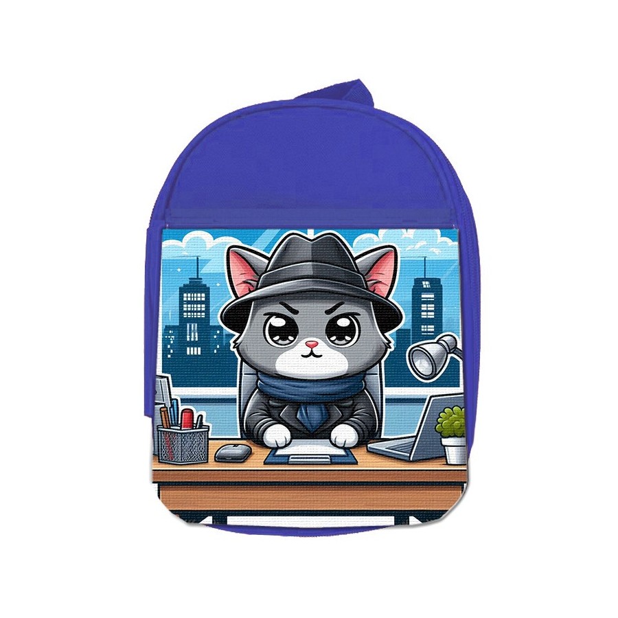 MOCHILA AZUL gato detective profesion espia mascota animal escolar personalizado picnic excursión deporte