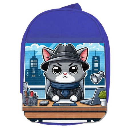 MOCHILA AZUL gato detective profesion espia mascota animal escolar personalizado picnic excursión deporte