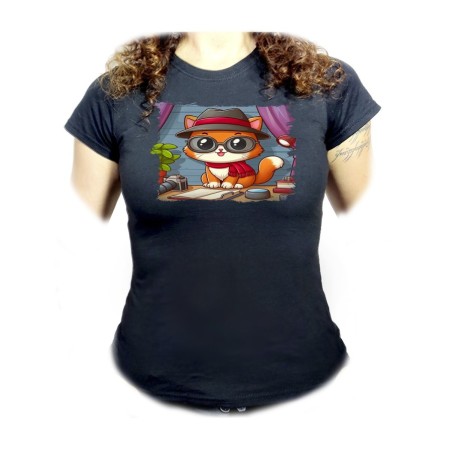 CAMISETA NEGRA MUJER gato periodista profesion reportero periodico oferta personalizada