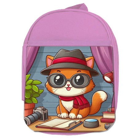 MOCHILA ROSA gato periodista profesion reportero periodico escolar personalizado picnic excursión deporte