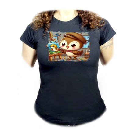 CAMISETA NEGRA MUJER gorrion artista profesion dibujante pajaro cuadro oferta personalizada