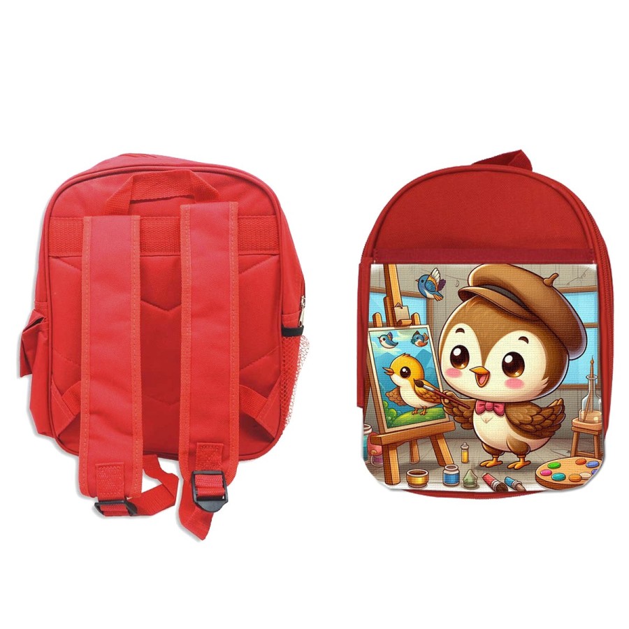 MOCHILA ROJA gorrion artista profesion dibujante pajaro cuadro escolar personalizado