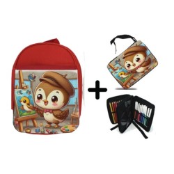 PACK MOCHILA ROJA Y ESTUCHE gorrion artista profesion dibujante pajaro cuadro material escolar