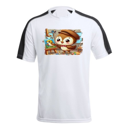 CAMISETA TÉCNICA FRANJA MANGAS NEGRA gorrion artista profesion dibujante pajaro cuadro personalizada