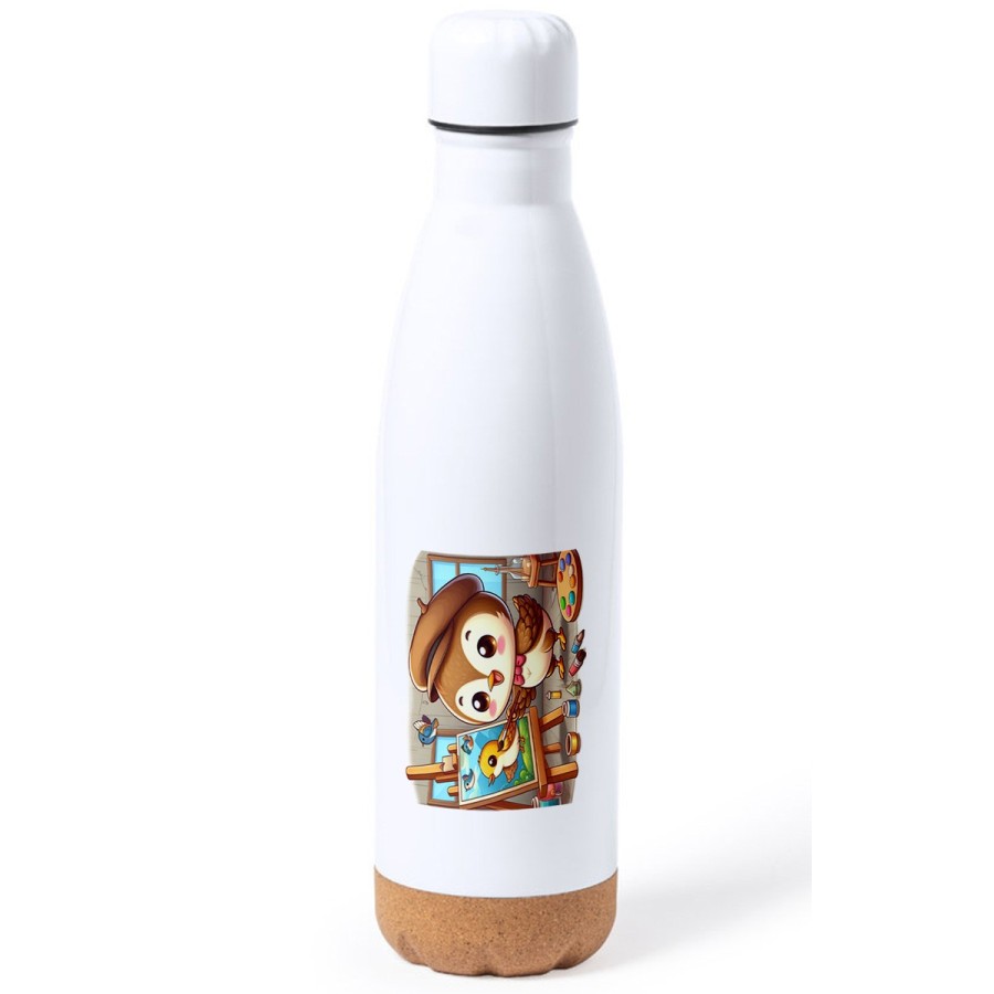 BIDON 750 ML ACERO INOXIDABLE ADORNO DE CORCHO gorrion artista profesion dibujante pajaro cuadro tapon botella