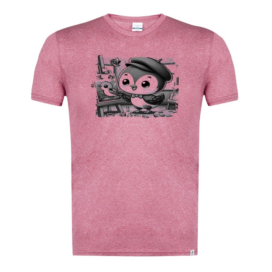 CAMISETA ROJA MEZCLA CON IMAGEN EN TONALIDADES NEGRAS gorrion artista profesion dibujante pajaro cuadro tshirt