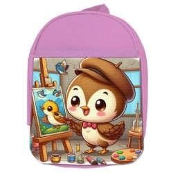 MOCHILA ROSA gorrion artista profesion dibujante pajaro cuadro escolar personalizado picnic excursión deporte