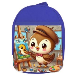 MOCHILA AZUL gorrion artista profesion dibujante pajaro cuadro escolar personalizado picnic excursión deporte