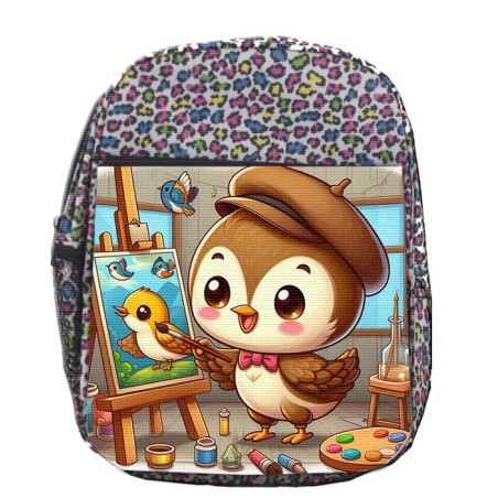 MOCHILA LUNARES ESTAMPADO gorrion artista profesion dibujante pajaro cuadro escolar personalizado picnic excursión deporte