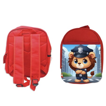 MOCHILA ROJA leon policia profesion guardia seguridad ciudad escolar personalizado