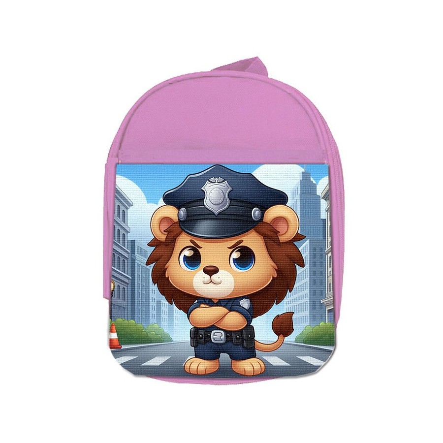 MOCHILA ROSA leon policia profesion guardia seguridad ciudad escolar personalizado picnic excursión deporte