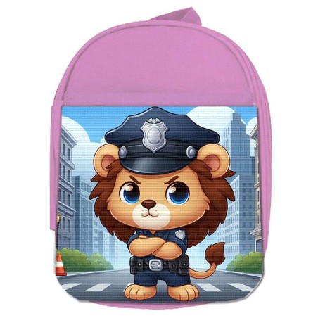 MOCHILA ROSA leon policia profesion guardia seguridad ciudad escolar personalizado picnic excursión deporte