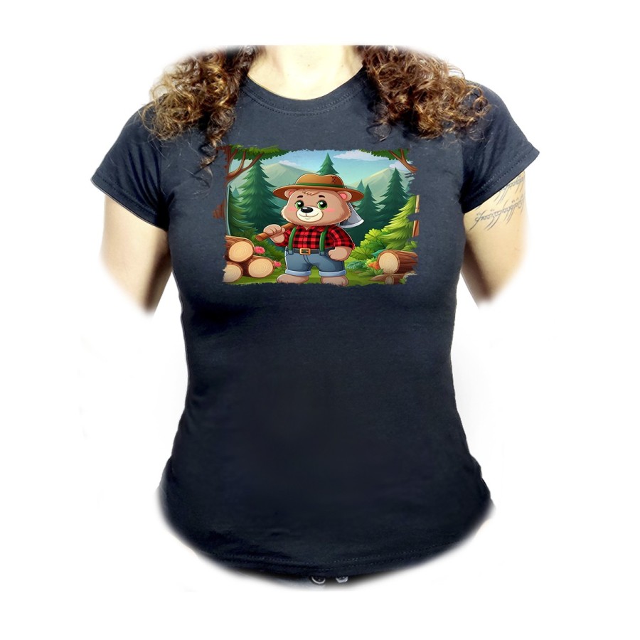 CAMISETA NEGRA MUJER oso leñador profesion tala talador bosque oferta personalizada