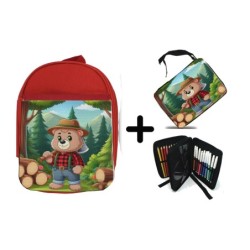 PACK MOCHILA ROJA Y ESTUCHE oso leñador profesion tala talador bosque material escolar