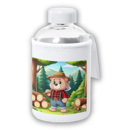 BIDON CRISTAL CON FUNDA SOFT SHELL oso leñador profesion tala talador bosque tapon seguridad botella
