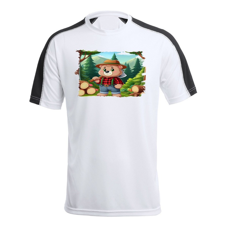 CAMISETA TÉCNICA FRANJA MANGAS NEGRA oso leñador profesion tala talador bosque personalizada