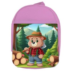 MOCHILA ROSA oso leñador profesion tala talador bosque escolar personalizado picnic excursión deporte