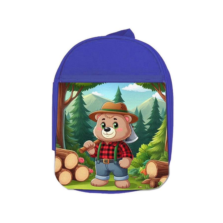 MOCHILA AZUL oso leñador profesion tala talador bosque escolar personalizado picnic excursión deporte