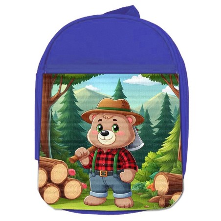 MOCHILA AZUL oso leñador profesion tala talador bosque escolar personalizado picnic excursión deporte