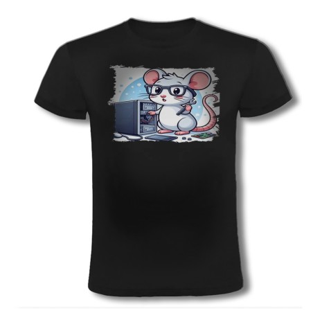 CAMISETA NEGRA raton informatico profesion reparador electricista moda verano personalizada
