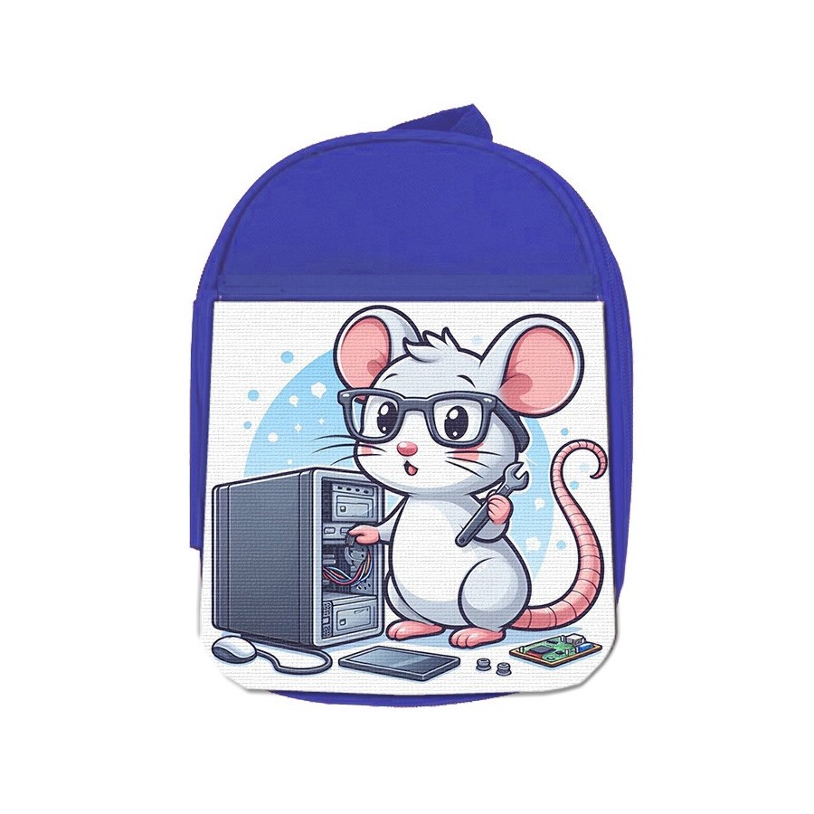 MOCHILA AZUL raton informatico profesion reparador electricista escolar personalizado picnic excursión deporte