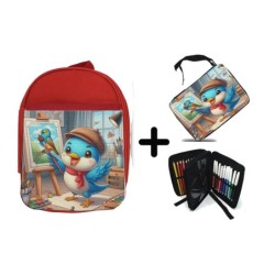 PACK MOCHILA ROJA Y ESTUCHE ruiseñor artista profesion escultor pintor mascota material escolar