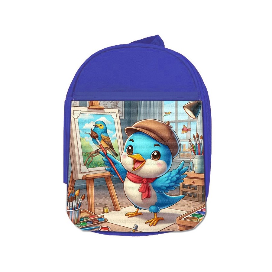 MOCHILA AZUL ruiseñor artista profesion escultor pintor mascota escolar personalizado picnic excursión deporte