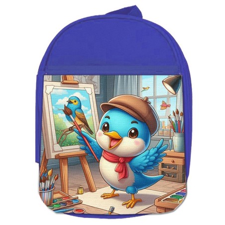 MOCHILA AZUL ruiseñor artista profesion escultor pintor mascota escolar personalizado picnic excursión deporte