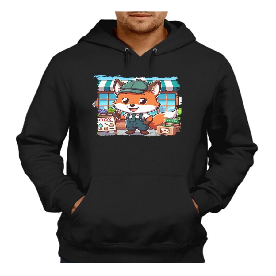 SUDADERA NEGRA CON CAPUCHA zorro vendedor profesion bricolaje tienda mascota adulto poliester algodón personalizada