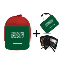 PACK MOCHILA ROJA Y ESTUCHE bandera arabia saudí pais gobierno arabe material escolar