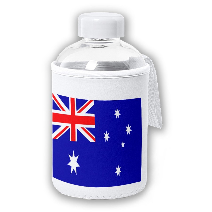 BIDON CRISTAL CON FUNDA SOFT SHELL bandera australia pais gobierno australiano tapon seguridad botella