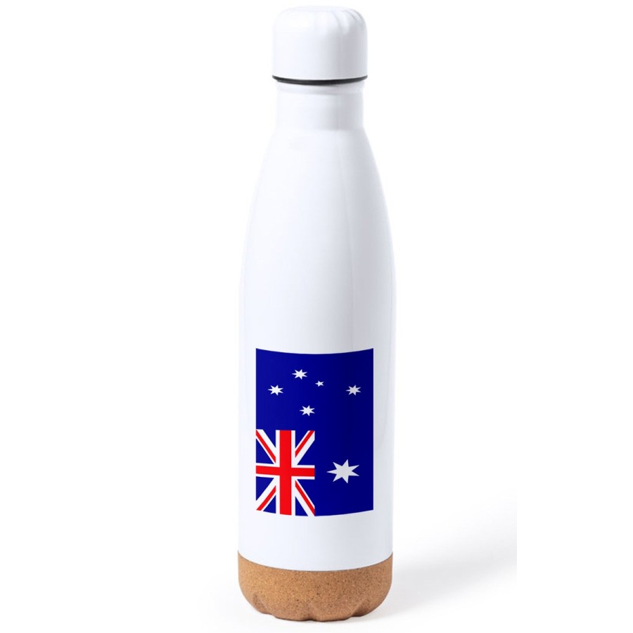 BIDON 750 ML ACERO INOXIDABLE ADORNO DE CORCHO bandera australia pais gobierno australiano tapon botella