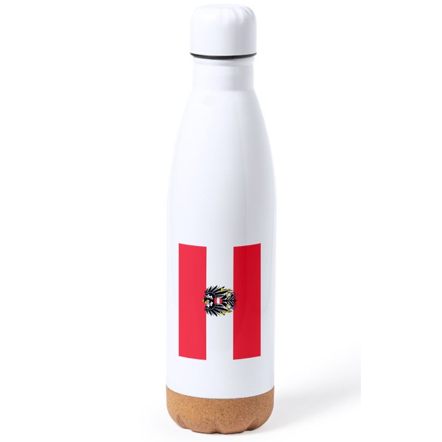 BIDON 750 ML ACERO INOXIDABLE ADORNO DE CORCHO bandera austria pais gobierno escudo tapon botella