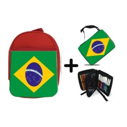 PACK MOCHILA ROJA Y ESTUCHE bandera brasil pais gobierno brasileño material escolar