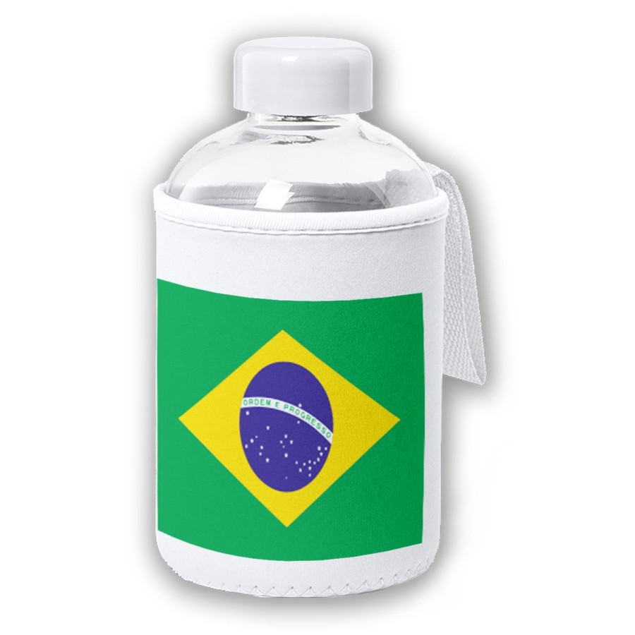 BIDON CRISTAL CON FUNDA SOFT SHELL bandera brasil pais gobierno brasileño tapon seguridad botella