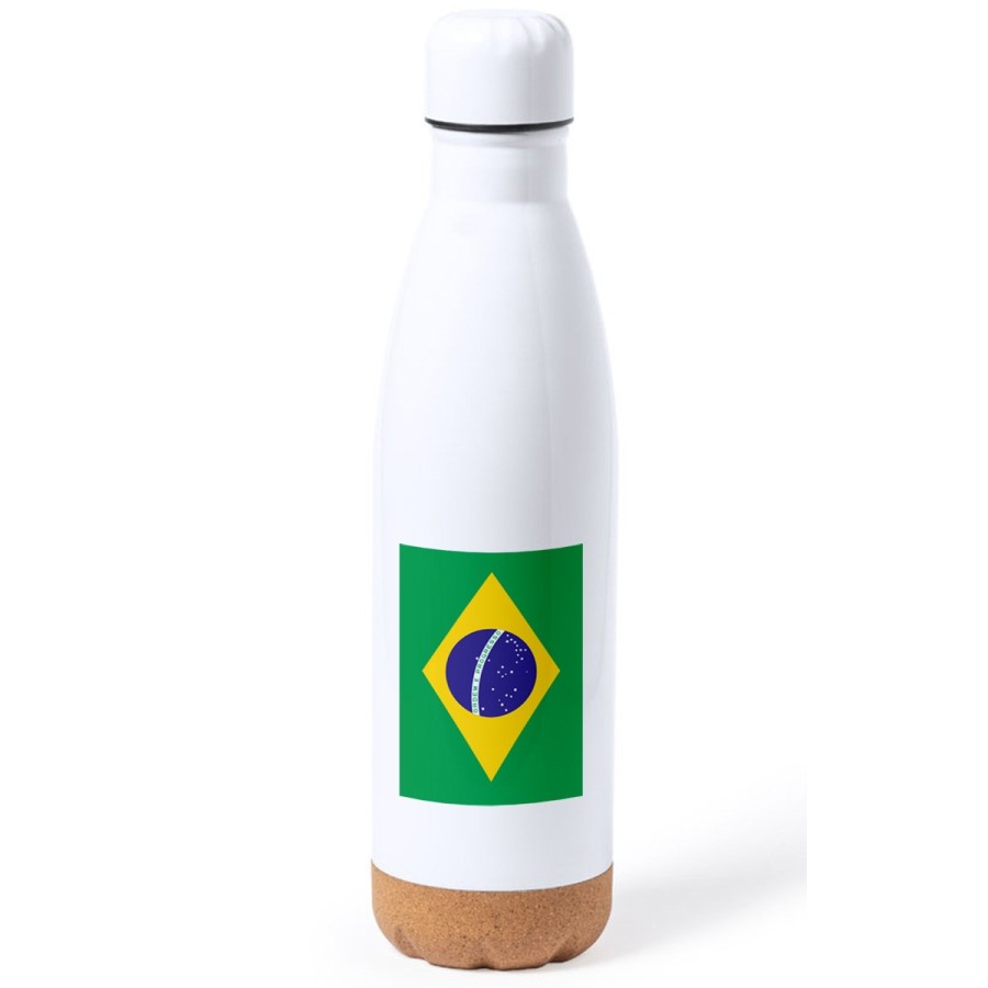 BIDON 750 ML ACERO INOXIDABLE ADORNO DE CORCHO bandera brasil pais gobierno brasileño tapon botella