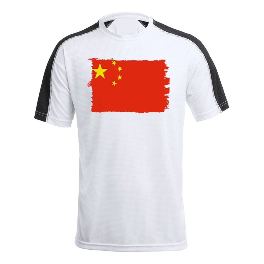 CAMISETA TÉCNICA FRANJA MANGAS NEGRA bandera china pais gobierno chino chinos personalizada