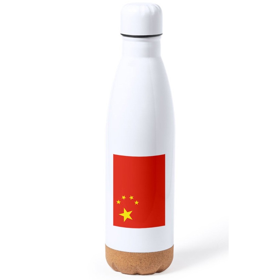 BIDON 750 ML ACERO INOXIDABLE ADORNO DE CORCHO bandera china pais gobierno chino chinos tapon botella