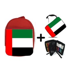 PACK MOCHILA ROJA Y ESTUCHE bandera emiratos arabes unidos pais oriente material escolar