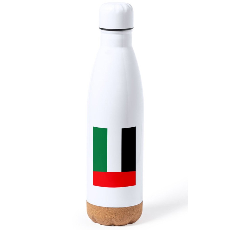 BIDON 750 ML ACERO INOXIDABLE ADORNO DE CORCHO bandera emiratos arabes unidos pais oriente tapon botella