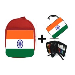 PACK MOCHILA ROJA Y ESTUCHE bandera india pais gobierno indú indios material escolar