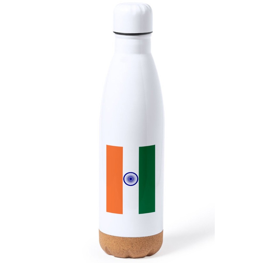 BIDON 750 ML ACERO INOXIDABLE ADORNO DE CORCHO bandera india pais gobierno indú indios tapon botella