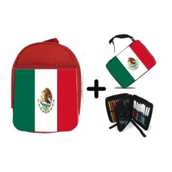 PACK MOCHILA ROJA Y ESTUCHE bandera mejico pais gobierno mexico material escolar