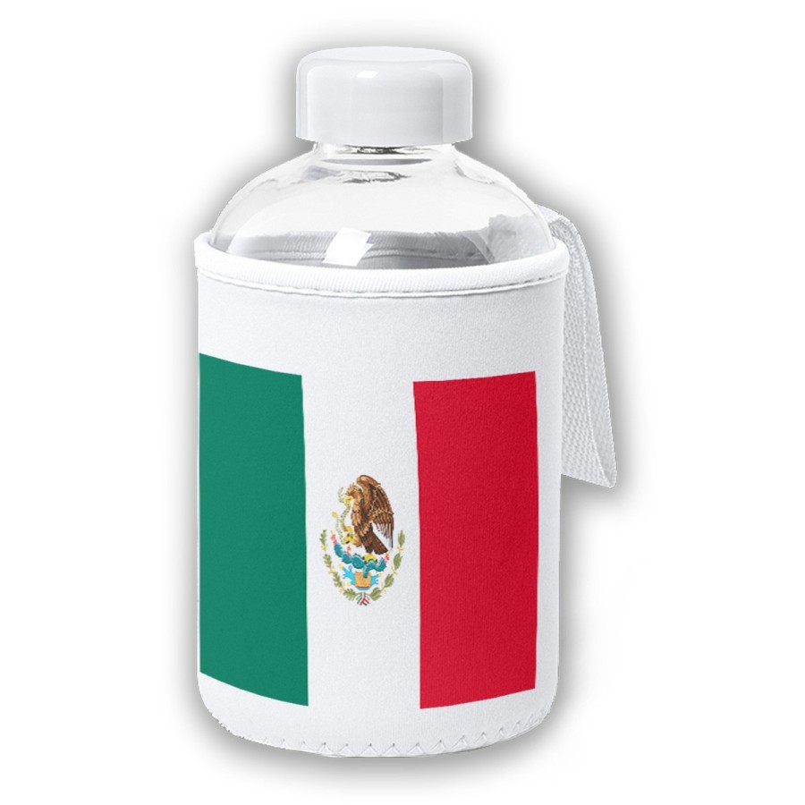 BIDON CRISTAL CON FUNDA SOFT SHELL bandera mejico pais gobierno mexico tapon seguridad botella