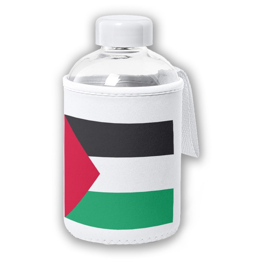 BIDON CRISTAL CON FUNDA SOFT SHELL bandera palestina pais gobierno palestino tapon seguridad botella