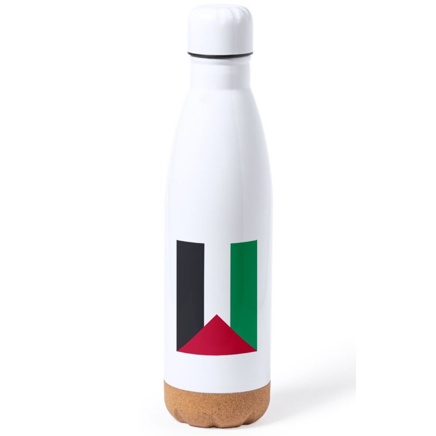 BIDON 750 ML ACERO INOXIDABLE ADORNO DE CORCHO bandera palestina pais gobierno palestino tapon botella