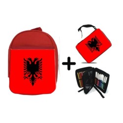 PACK MOCHILA ROJA Y ESTUCHE bandera albania pais gobierno albanés material escolar