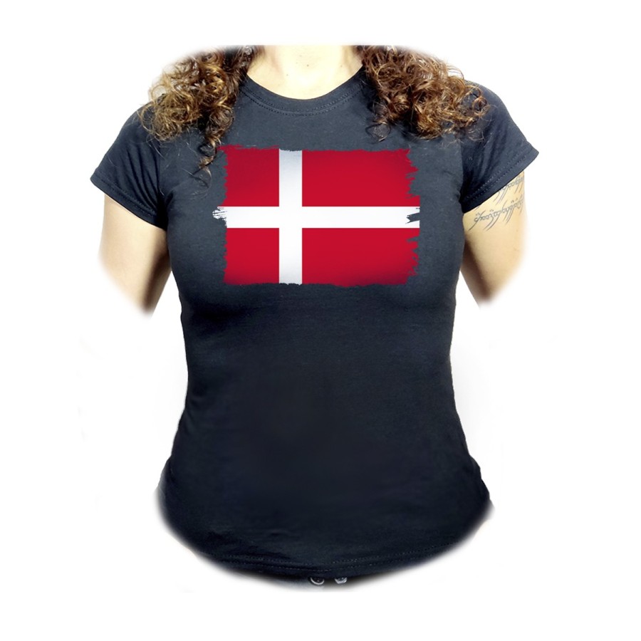 CAMISETA NEGRA MUJER bandera dinamarca pais gobierno danés oferta personalizada