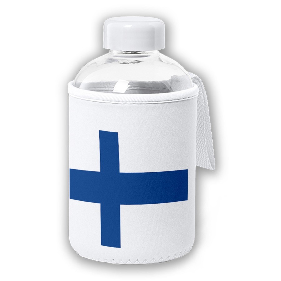 BIDON CRISTAL CON FUNDA SOFT SHELL bandera finlandia pais gobierno finlandés tapon seguridad botella