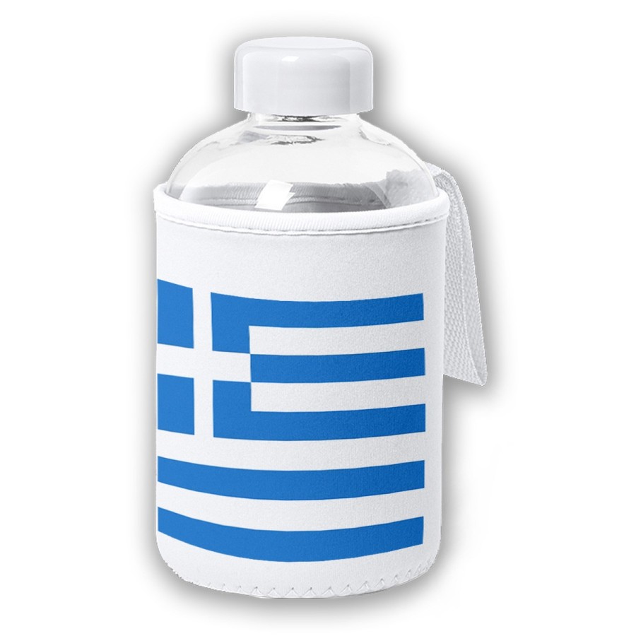 BIDON CRISTAL CON FUNDA SOFT SHELL bandera grecia pais gobierno griego tapon seguridad botella